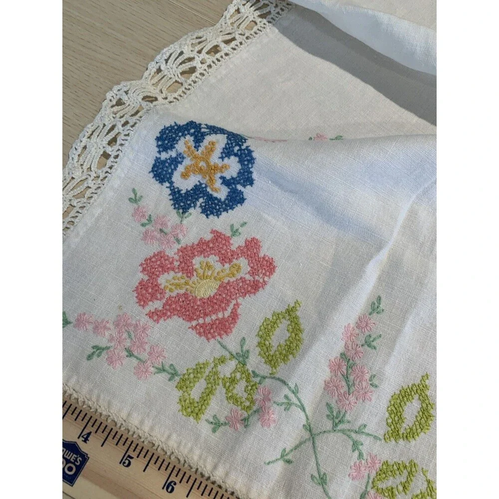 Vintage Floral embroidered dresser scarf- pale yellow
